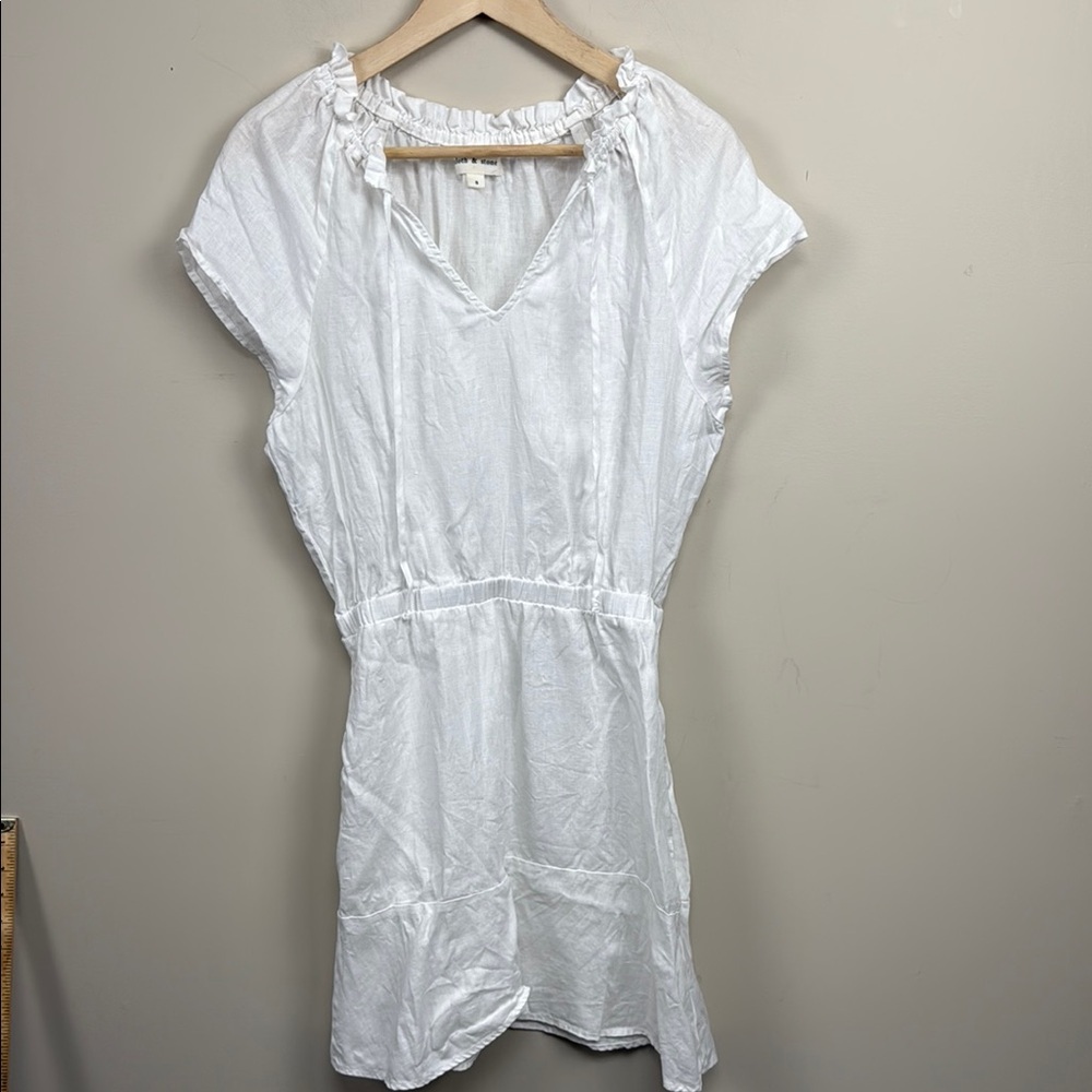 ANTHROPOLOGIE cloth & stone 100% linen white short sleeve V neck dress